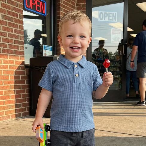 Toddler Baby Boys Summer T-Shirts Waffle Button Turn-Down Collar Short Sleeve Tee Tops Casual Clothes in Kuwait