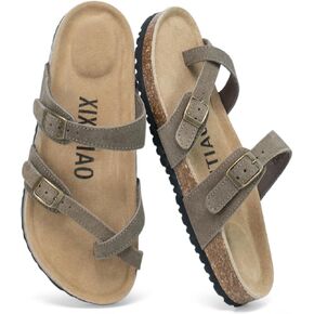 XIXITIAO Suede Sandals Womens with Arch Support, Cross Straps Flat Sandals with Adjustable Buckle, Cork Footbed Womens Slides Sandals with Memory Foam in Kuwait