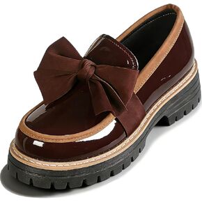 Women's Patent Leather Bowknot Chunky Platform Loafers Elegant Round ToeThick Sole Non-Slip Lug Sole Casual Dress Shoes for Office Business Work Everyday Wear in Saudi Arabia