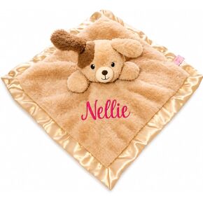 SONA G DESIGNS بطانية أمان مخصصة باسم Puppy Dog Lovie، بيج قطيفة مع زخرفة من الساتان، 14x14 بوصة، مساعد نوم الطفل، 0-36 شهرًا in Kuwait
