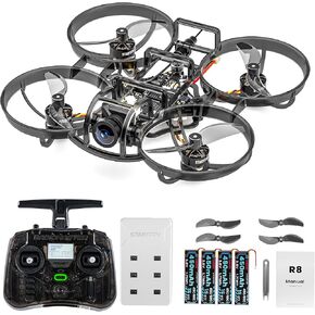 R8 ELRS FPV Whoop Drone RTF مع وحدة تحكم الجيب Radiomaster، 4 بطاريات، شاحن 6 في 1، FOV160°، Matrix G4 5IN1 FC، 0802 20000KV محرك بدون فرشاة - مثالي لتدريب السباق الحر FPV في الأماكن المغلقة والخارجية in Kuwait
