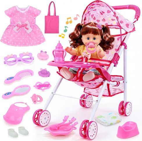 مجموعة ألعاب عربة الأطفال مع دمية تفاعلية ذات عيون مفتوحة ومغلقة (4 أصوات)، عربة دمية قابلة للطي مع صينية تغذية وحقيبة حفاضات، 21 قطعة من الملحقات لعبة التظاهر للأطفال الصغار 3-5 in Kuwait