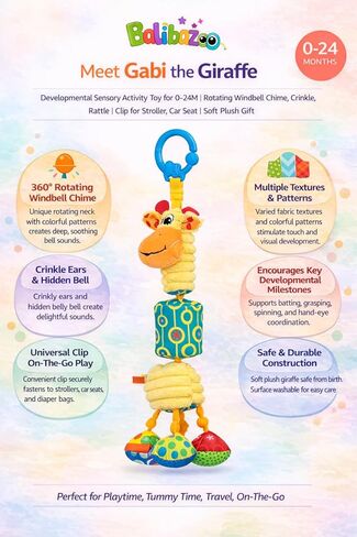 Balibazoo Gabi The Giraffe Hanging Baby Toy for 0-24M - 360° Rotating Neck | Deep Chime, Crinkle, Rattle, BPA-Free Material | Clip for Stroller, Car Seat | Soft Plush Sensory Newborn Gift in Kuwait