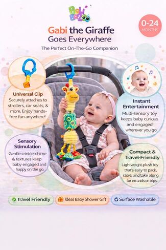 Balibazoo Gabi The Giraffe Hanging Baby Toy for 0-24M - 360° Rotating Neck | Deep Chime, Crinkle, Rattle, BPA-Free Material | Clip for Stroller, Car Seat | Soft Plush Sensory Newborn Gift in Kuwait