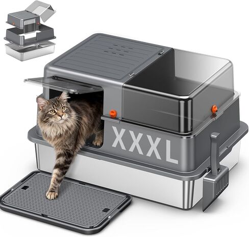 XXXL Stainless Steel Litter Box with Lid，28.3" L x 20.2" W x 17.3" H Extra Large Enclosed High Sided Metal Cat Litter Box for Large Cat and Multiple Cats,Non-Sticky, Anti-Leakage, Easy to Clean in Saudi Arabia