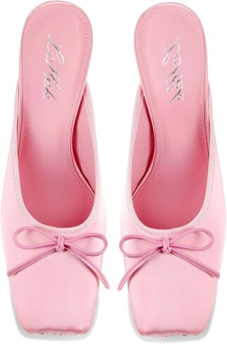 Satin Ballet Mule Heels for Women Ballerina Kitten Heels with Bow Knot Slip on Square Toe Comfortable Elegant Wedding Dress Party in Saudi Arabia