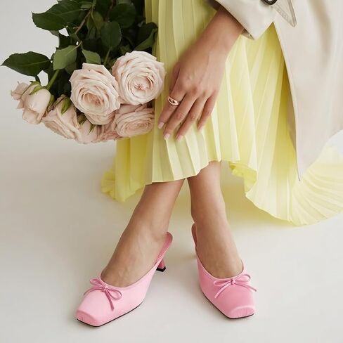 Satin Ballet Mule Heels for Women Ballerina Kitten Heels with Bow Knot Slip on Square Toe Comfortable Elegant Wedding Dress Party in Saudi Arabia