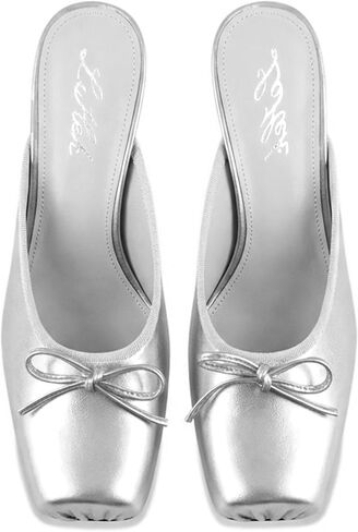 Satin Ballet Mule Heels for Women Ballerina Kitten Heels with Bow Knot Slip on Square Toe Comfortable Elegant Wedding Dress Party in Saudi Arabia