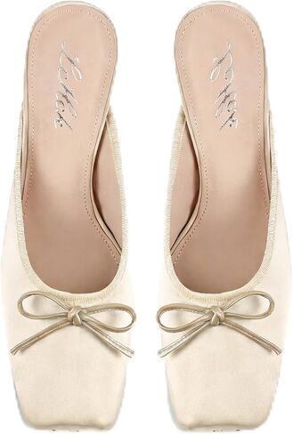 Satin Ballet Mule Heels for Women Ballerina Kitten Heels with Bow Knot Slip on Square Toe Comfortable Elegant Wedding Dress Party in Saudi Arabia