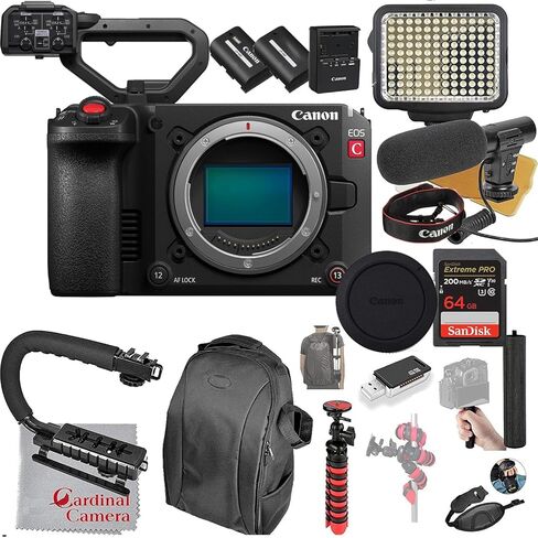 كاميرا سينما EOS C50 كاملة الإطار من Canon (Canon RF) حزمة فيديو للجسم فقط + مصباح فيديو LED + ميكروفون + ذاكرة فائقة السرعة سعة 64 جيجابايت (حزمة مكونة من 18 قطعة) in Kuwait