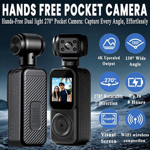 Pocket Camera 4K Output 64GB, WiFi Body Cameras with Audio and Video Recording, Dual Light&7 Hour Battery (Black) in Kuwait
