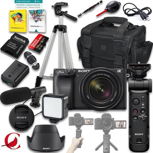 كاميرا سوني a6400 بدون مرآة مع عدسة مقاس 18-135 ملم f/3.5-5.6 + مقبض تصوير لاسلكي GP-VPT3 من سوني + بطاقة ذاكرة سعة 128 جيجابايت + ضوء LED + ميكروفون + المزيد (حزمة مكونة من 21 قطعة) in Kuwait