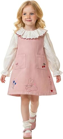 Toddler Girl Cute Cotton Embroidered Dress Set, Ruffle Collar Long Sleeve Top and Pinafore Jumper for Playful Outfits in Kuwait