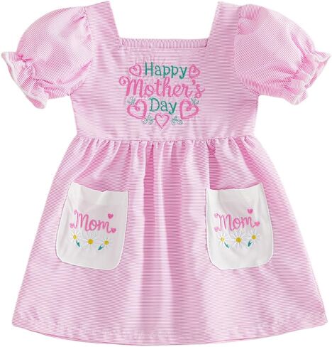 Toddler Baby Girls Mother's Day Summer Dress Letter Heart Embroidery Striped Short Sleeve Dresses Mothers Clothes in Saudi Arabia