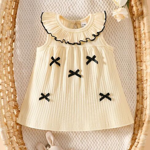 Baby Girl Dress Ribbed Ruffle Collar Sundress Bow Decor Sleeveless Summer Outfit Infant Clothes Light Yellow in Kuwait
