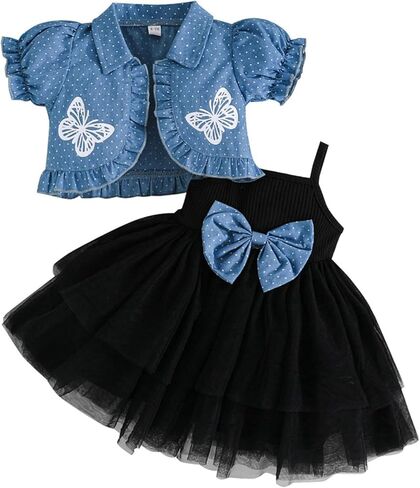 Baby Girl Summer Outfits Tulle Dress Sleeveless And Puff Sleeve Denim Jacket Baby Girl Clothes Set in Kuwait