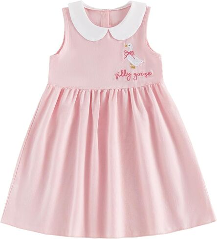 Toddler Baby Girl Tank Dress Silly Goose Embroidery Peter Pan Collar Sleeveless Dress Birthday Outfit in Kuwait