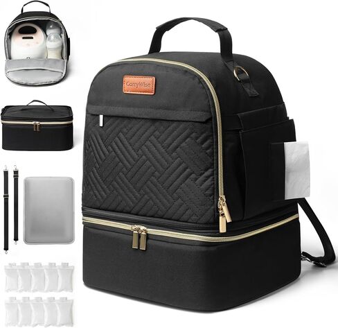 Large Breast Pump Bag for Spectra S1 S2, Double Layer Removable Breast Milk Cooler Bag with 10 Gel Ice Packs & Waterproof Mat, Wearable Pumping Bags for Work Travel & Family, Black in Kuwait
