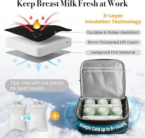 Large Breast Pump Bag for Spectra S1 S2, Double Layer Removable Breast Milk Cooler Bag with 10 Gel Ice Packs & Waterproof Mat, Wearable Pumping Bags for Work Travel & Family, Black in Kuwait