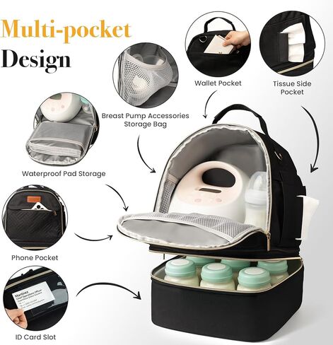 Large Breast Pump Bag for Spectra S1 S2, Double Layer Removable Breast Milk Cooler Bag with 10 Gel Ice Packs & Waterproof Mat, Wearable Pumping Bags for Work Travel & Family, Black in Kuwait
