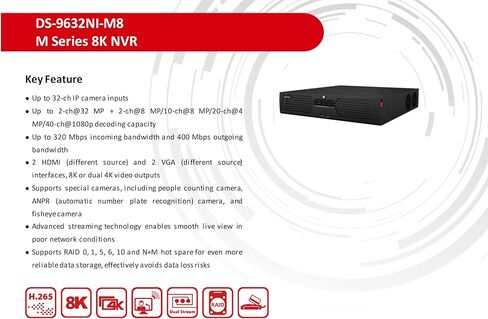 DS-9632NI-M8, 32CH 4K 8MP NVR, 2 HDMI & VGA, Supports ANPR (Automatic Number Plate Recognition) and fisheye Camera, RAID 0, 1, 5, 6, 10 and N+M hot Spare for Data Storage, Hard Drive Not Included in Kuwait