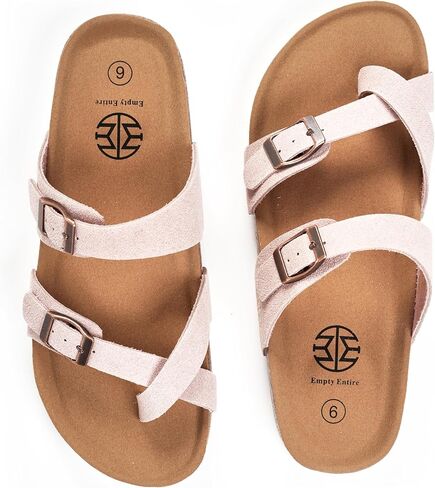 Women's Cross Strap Sandals | Cork Footbed with Arch Support,Soft Cushion, Adjustable Metal Buckle Faux Suede Flat Sandals, Comfy Summer Slides for Women in Saudi Arabia