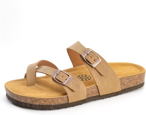 Women's Cross Strap Sandals | Cork Footbed with Arch Support,Soft Cushion, Adjustable Metal Buckle Faux Suede Flat Sandals, Comfy Summer Slides for Women in Saudi Arabia