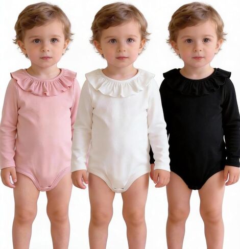 3-Pack Baby Girl Long Sleeve Cute Bodysuits for 0M-3Y, Pink/White/Black Ruffle Jumpsuits Set with Bottom Snap in Saudi Arabia