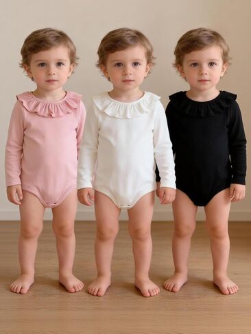3-Pack Baby Girl Long Sleeve Cute Bodysuits for 0M-3Y, Pink/White/Black Ruffle Jumpsuits Set with Bottom Snap in Saudi Arabia