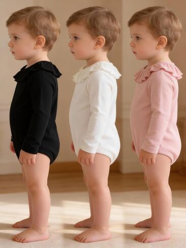 3-Pack Baby Girl Long Sleeve Cute Bodysuits for 0M-3Y, Pink/White/Black Ruffle Jumpsuits Set with Bottom Snap in Saudi Arabia