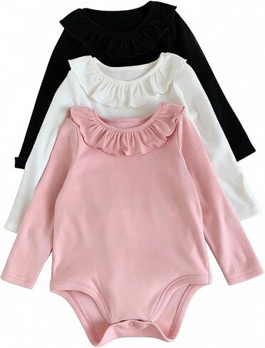 3-Pack Baby Girl Long Sleeve Cute Bodysuits for 0M-3Y, Pink/White/Black Ruffle Jumpsuits Set with Bottom Snap in Saudi Arabia