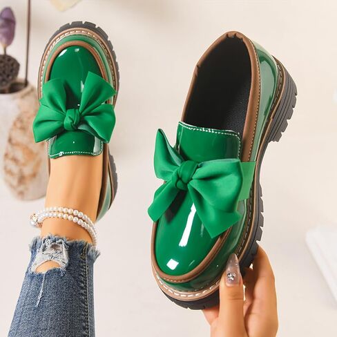 Women's Patent Leather Bowknot Chunky Platform Loafers Elegant Round ToeThick Sole Non-Slip Lug Sole Casual Dress Shoes for Office Business Work Everyday Wear in Saudi Arabia