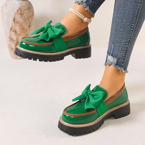 Women's Patent Leather Bowknot Chunky Platform Loafers Elegant Round ToeThick Sole Non-Slip Lug Sole Casual Dress Shoes for Office Business Work Everyday Wear in Saudi Arabia