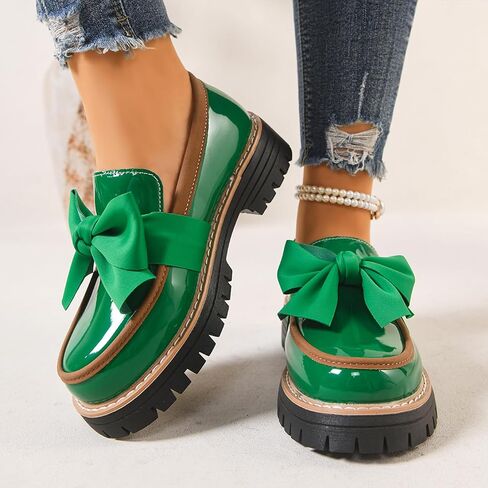 Women's Patent Leather Bowknot Chunky Platform Loafers Elegant Round ToeThick Sole Non-Slip Lug Sole Casual Dress Shoes for Office Business Work Everyday Wear in Saudi Arabia