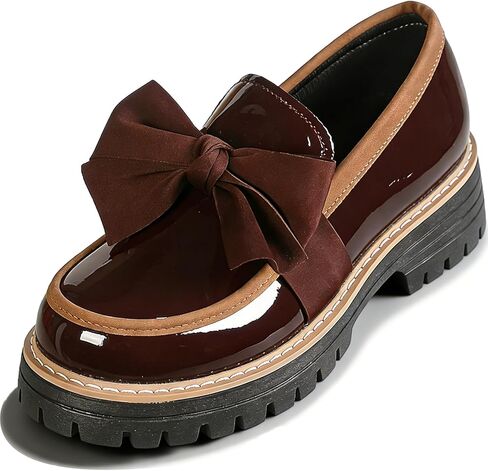 Women's Patent Leather Bowknot Chunky Platform Loafers Elegant Round ToeThick Sole Non-Slip Lug Sole Casual Dress Shoes for Office Business Work Everyday Wear in Kuwait