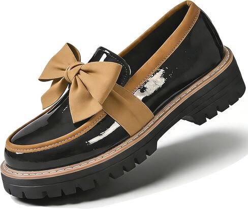 Women's Patent Leather Bowknot Chunky Platform Loafers Elegant Round ToeThick Sole Non-Slip Lug Sole Casual Dress Shoes for Office Business Work Everyday Wear in Saudi Arabia