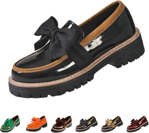 Women's Patent Leather Bowknot Chunky Platform Loafers Elegant Round ToeThick Sole Non-Slip Lug Sole Casual Dress Shoes for Office Business Work Everyday Wear in Saudi Arabia