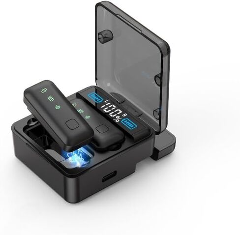 Wireless Lavalier Mic with AI Noise Reduction, Reverb, Mute, 50M Range, Adjustable Amp & Digital Display (2TX+1RX 300mAh Charging Case) Q-Certified for iPhone, Android, Tablet, PC(Black Color) in Kuwait
