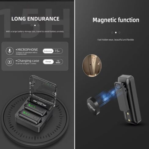 Wireless Lavalier Mic with AI Noise Reduction, Reverb, Mute, 50M Range, Adjustable Amp & Digital Display (2TX+1RX 300mAh Charging Case) Q-Certified for iPhone, Android, Tablet, PC(Black Color) in Kuwait