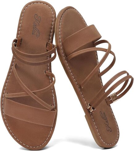 katliu Women's Strappy Flat Sandals Round Toe Slide Sandals Casual Summer Sandals in Kuwait