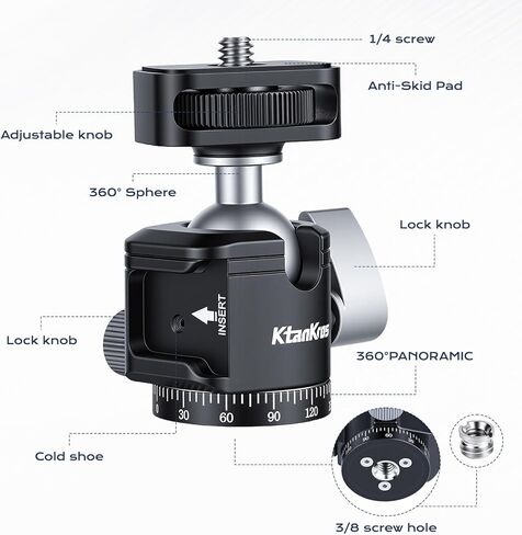 MI-1 Mini Ball Head – Compact 360° Rotating Camera Mount with 1/4" Screw, Cold Shoe Accessory Holder, 90° Tilt & 3/8" Adapter for DSLR, Mirrorless, Smartphones and Lighting Accessories in Kuwait
