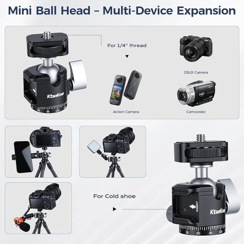 MI-1 Mini Ball Head – Compact 360° Rotating Camera Mount with 1/4" Screw, Cold Shoe Accessory Holder, 90° Tilt & 3/8" Adapter for DSLR, Mirrorless, Smartphones and Lighting Accessories in Kuwait