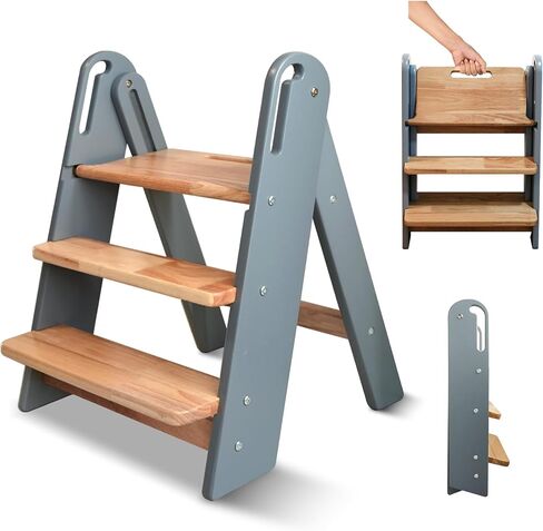 Wooden Step Stool for Toddler, Foldable 3 Step Stool for Bathroom Sink, Toilet Potty Training Stool with Handles, Child Kitchen Counter Stool Helper Wooden Ladder for Toddlers (Grey) in Kuwait