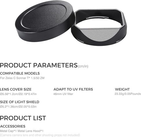 1.5/50 Metal Square Lens Hood (with Cover), Suitable for ZEISS C Sonnar T* ZM 1.5/50 M-Mount Camera Accessories (Black) in Saudi Arabia