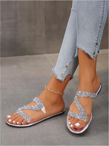 GORGLITTER Women's Rhinestone Clear Flats Dressy Sparkly Vacation Slide Shoes Trendy 2026 Sparkle Transparent Sandals in Saudi Arabia