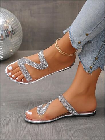 GORGLITTER Women's Rhinestone Clear Flats Dressy Sparkly Vacation Slide Shoes Trendy 2026 Sparkle Transparent Sandals in Saudi Arabia