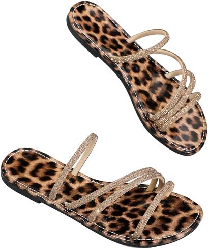 GORGLITTER Women's Rhinestone Leopard Sandals Sparkly Strappy Flats Sparkly Open Toe Slip on Summer Dressy Slides in Kuwait