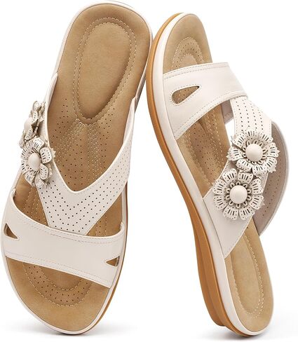 Alicegana Flat Sandals for Women Dressy: Comfortable Summer Walking Slides Slip on Casual Shoes 2026 Beige 8.5 in Kuwait