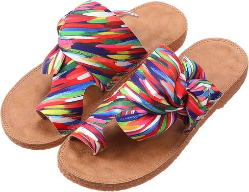 Cuffbow Women's Rainbow Bow Tie Slides Cute Dressy Open Toe Flat Sandals 2026 Summer Vacation Beach Slip On Thong Slides in Kuwait