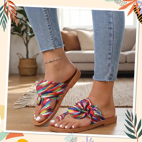 Cuffbow Women's Rainbow Bow Tie Slides Cute Dressy Open Toe Flat Sandals 2026 Summer Vacation Beach Slip On Thong Slides in Kuwait